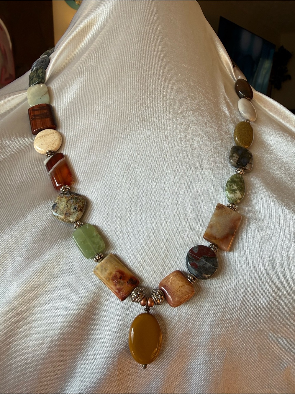 Arty Hand Crafted Multicolor Natural Stone Necklace with Mustard Pendant SS 925
